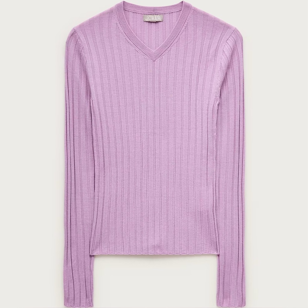 NWT J.Crew High V-neck Wide-rib Sweater in Merino Wool in Violet Mist